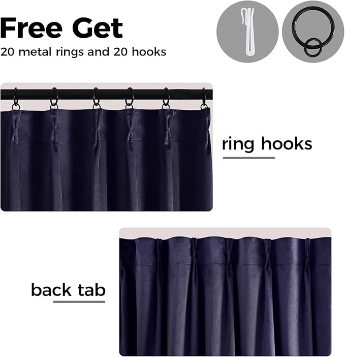 Pinch Pleated 100% Blackout Curtains for Bedroom, Navy Blue Velvet Curtains for Living Room, Black Out Curtain 102 inch Long Room Darkening, Blackout Pinch Pleat Drapes with Hooks 2 Panels