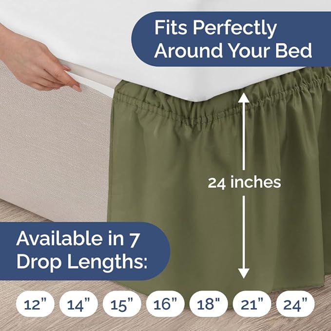 Wrap Around Dust Ruffle Bed Skirt - Sage Green - for Queen Size Beds with 24 Inch Drop - Elastic Strap - Adjustable Pleated Bedskirt with Brushed Fabric and Wrinkle Free - For Women, Men, Kids & Teens