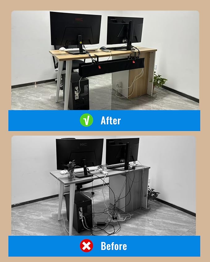 No Drill Cable Management Under Desk, 36" Cord Organizer for Table, Clamp/Screw Mount Cable Tray, Premium Black Fabric Desk Cord Management Tray for Office, Home (Large (36 Inch))
