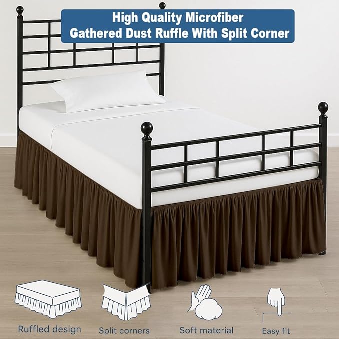 Ruffled Bed Skirt Split Corners with Platform, Tailored Fit Hotel Quality Wrinkle Free Ultra-Soft Microfiber Dust Ruffle, Upto 16 Inch Drop, Twin XL, Chocolate