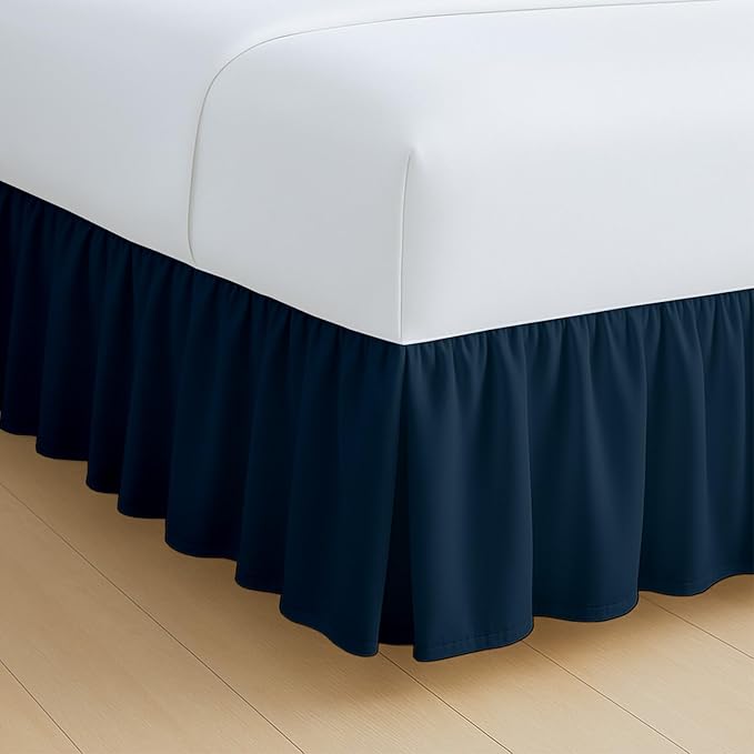 Rajlinen Ruffled Bed Skirt King, 15 Inch Drop Dust Ruffle with Split Corners, 100% Microfiber Bedskirt with Platform, Three-Sided Coverage Ruffled Gathering Design, Navy Blue