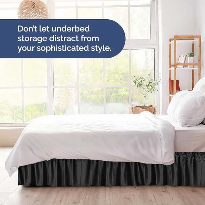 Wrap Around Dust Ruffle Bed Skirt - Black - for King Size Beds with 21 Inch Drop - Easy Fit Elastic Strap - Adjustable Pleated Bedskirt w/Brushed Fabric - Wrinkle Free - for Women, Men, Kids & Teens