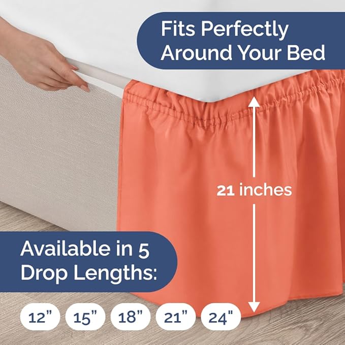 Wrap Around Dust Ruffle Bed Skirt - Coral - for Queen Size Beds with 21 Inch Drop - Easy Fit Elastic Strap - Adjustable Pleated Bedskirt w/Brushed Fabric - Wrinkle Free - for Women, Men, Kids & Teens