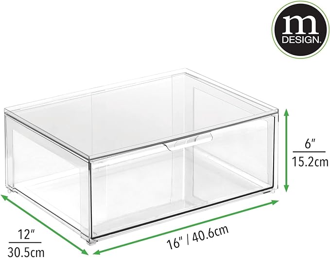 mDesign Plastic Stackable Closet Storage Organizer Bin Containers with Front Pull Drawer for Cabinet, Desk, Shelf, Cupboard, or Dresser Organization - Lumiere Collection - 2 Pack - Clear