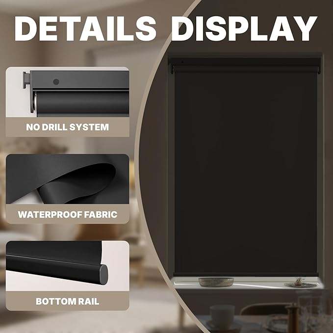 HESTIA No Drill Cordless Blackout Roller Shades Screwless Waterproof Shower Window Blinds, Auto-Retraction Easy Install Blind for Bathroom/Kitchen/Office/Exterior, Black, 52" W x 54" H