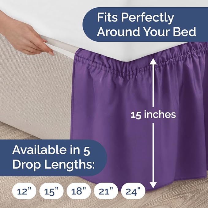 Wrap Around Dust Ruffle Bed Skirt - Purple - for Queen Size Beds with 15 Inch Drop - Easy Fit Elastic Strap - Adjustable Pleated Bedskirt w/Brushed Fabric Wrinkle Free - for Women, Men, Kids & Teens