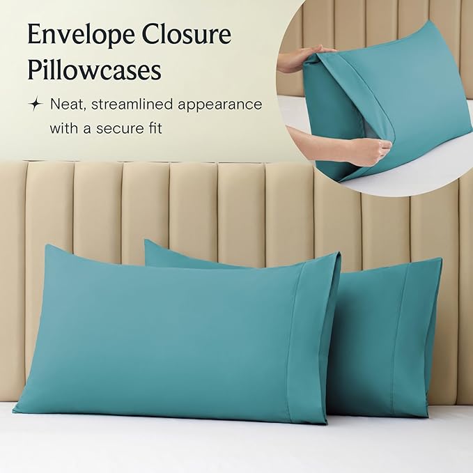 LuxClub 4 PC Queen Sheet Set, Deep Pockets Wrinkle Free Cooling Bed Sheets Hotel Bedding for Women, Men, Includes 1 Fitted Sheet, 1 Flat Sheet and 2 Pillowcases-Silky Soft Teal