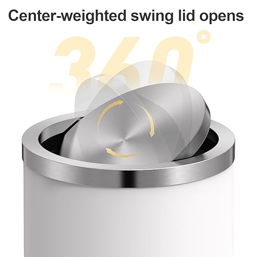 Mbillion Small Trash Can with Swing Lid 2.4 Gallons/9 Liter, Mini Trash Can with lid, Stainless Steel Cylindrical Garbage Can for Home and Office Bathroom Bedroom, for Ground and Desktop White