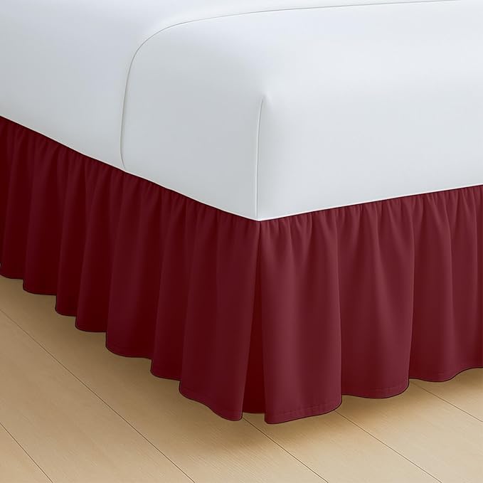 Rajlinen Ruffled Bed Skirt Twin XL, 14 Inch Drop Dust Ruffle with Split Corners, 100% Microfiber Bedskirt with Platform, Three-Sided Coverage Ruffled Gathering Design, Burgundy