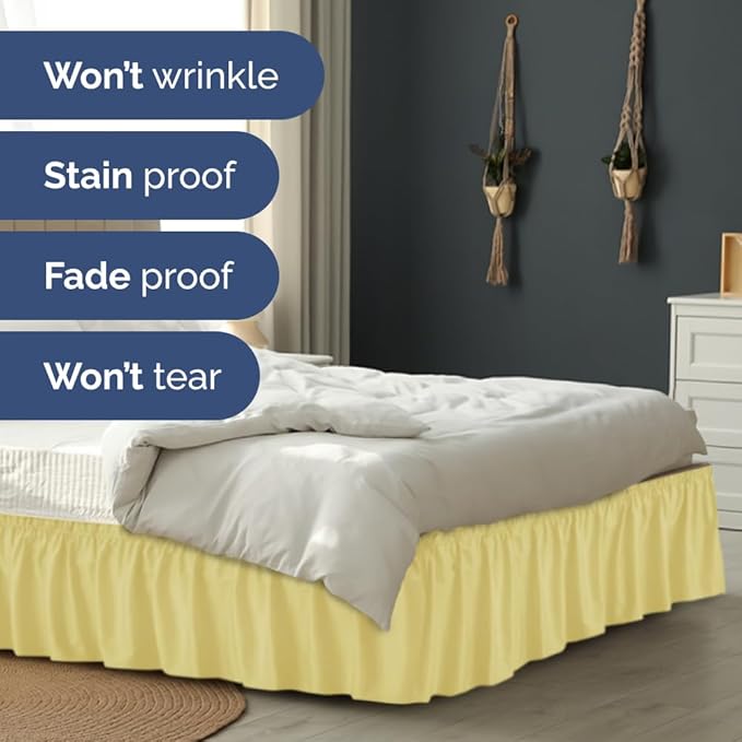 Wrap Around Dust Ruffle Bed Skirt - Yellow - Twin/Twin XL Size Beds with 15 Inch Drop - Easy Fit Elastic Strap - Adjustable Pleated Bedskirt w/Brushed Fabric - Wrinkle Free - Women, Men, Kids & Teens