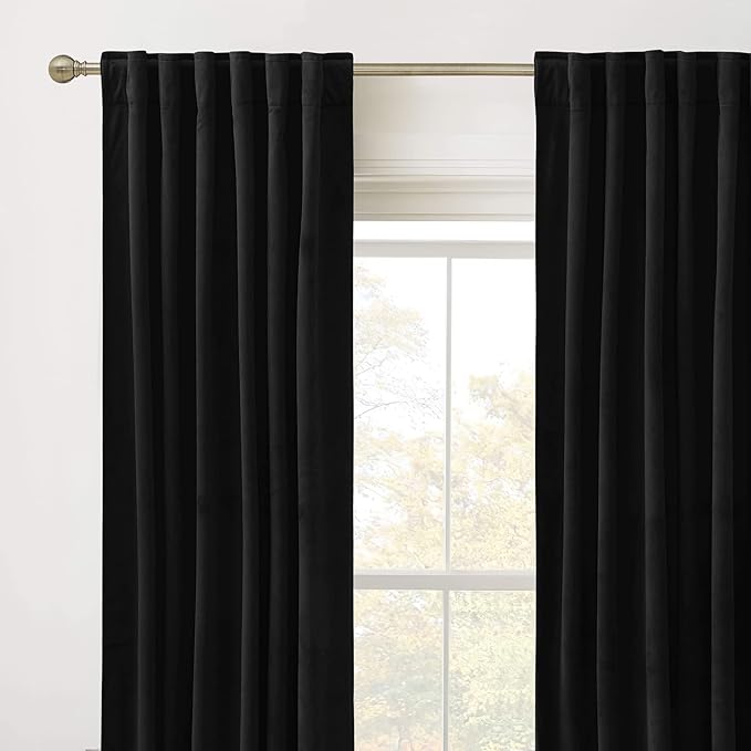 RYB Home Velvet Curtains 96 inches - Blackout Heavy Duty Curtains Soft Luxury Back Tap Window Covering Privacy Protection for Kids Room Bathroom Parlor, Black, W52 x L96 inches, 2 Panels