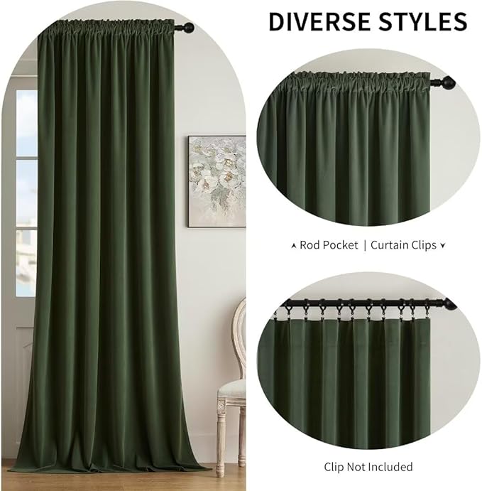 Joydeco Dark Olive Velvet Curtains 63 inch Length 2 Panels, Luxury Blackout Rod Pocket Thermal Insulated Window Curtains, Super Soft Room Darkening Drapes for Living Room Bedroom,W52 x L63 inches