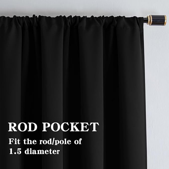 Blackout Curtains 108 Inches Long 2 Panels Set, Black Curtains Thermal Insulated Room Darkening Drapes for Bedroom, Rod Pocket Light Blocking Drapes Living Room Windows(52W × 108L, Black)