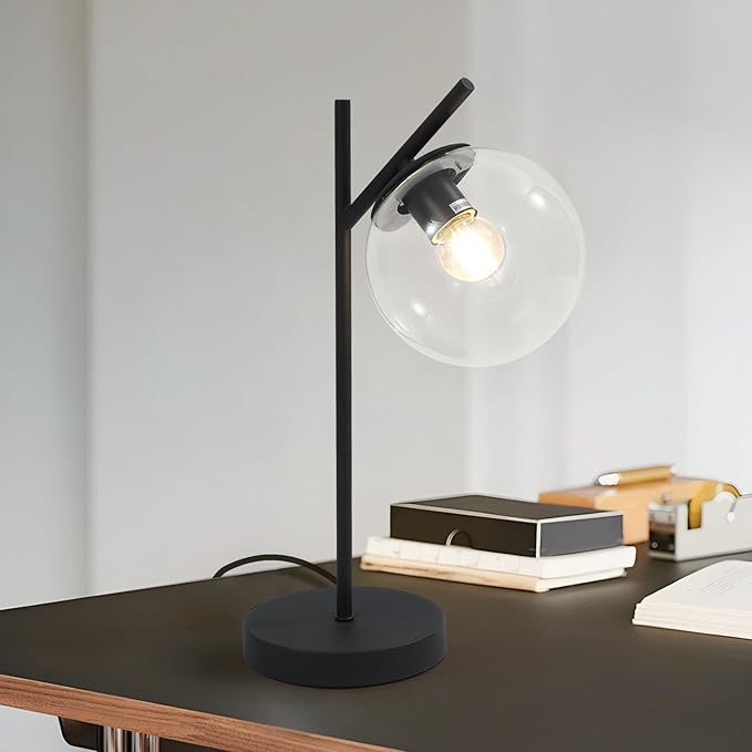 Mid Century Table Lamp Vintage Bedroom Desk Lamp Black Nightstand Lamp Contemporary Clear Glass Globe Bedside Lamp for Office Study Room