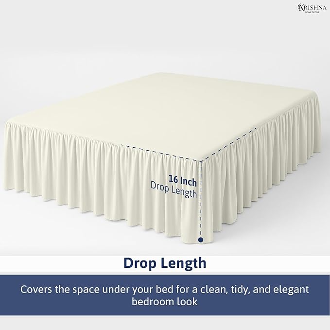 KRISHNA Ruffled Bed Skirt with Split Corners Queen, 100% Microfiber Hotel Quality, 16 Inch Drop Dust Ruffle Gathered Bedskirt with Platform, 60" x 80", Ivory