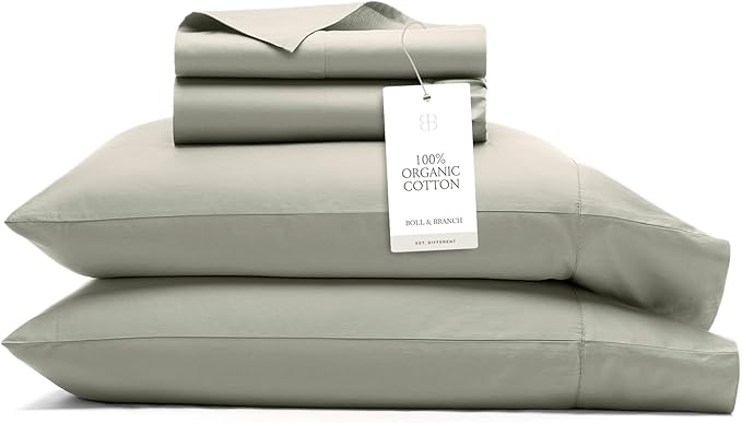 BOLL & BRANCH Signature Hemmed Sheet Set - Queen, Sageleaf - Luxury 100% Organic Cotton - Includes 1 Flat, 1 Fitted, 2 Pillowcases - Buttery Soft