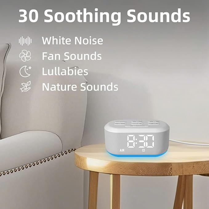 Small Digital Alarm Clock for Bedrooms Sound Machine with 30 Soothing Sound Plug in Bedside Clock with Night Light Noise Machine Battery Backup 15 Wake up Sound Clock for Teen Kid Heavy Sleeper Snooze