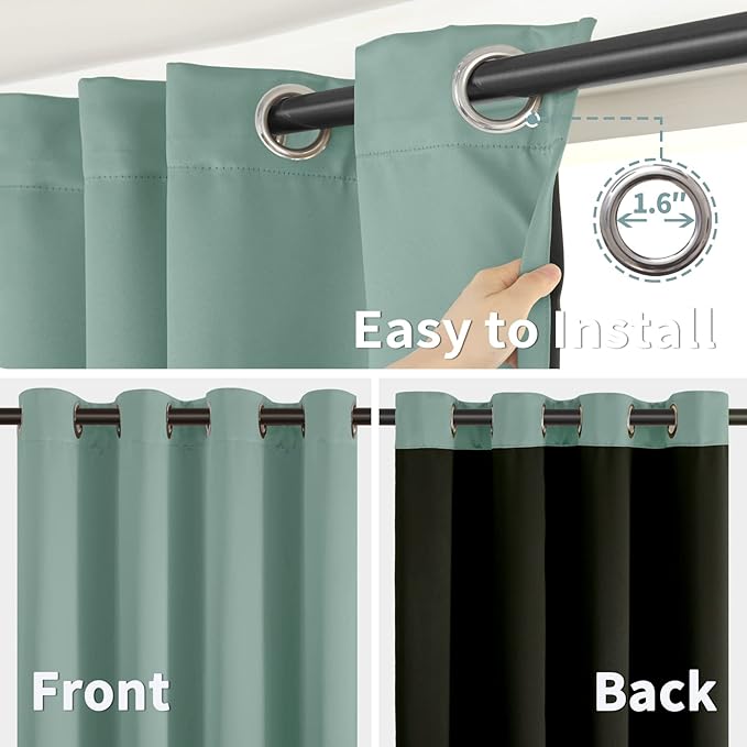 BGment Thermal Insulated 100% Blackout Curtains for Bedroom with Black Liner, Double Layer Full Room Darkening Noise Reducing Grommet Curtain (42 x 84 Inch, Frosty Green, 2 Panels)