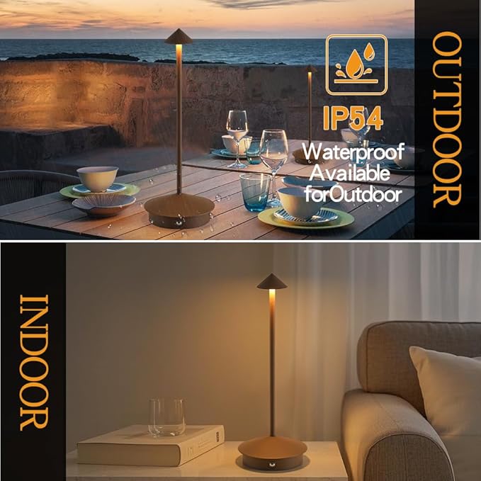 Cordless Table Lamp, 5000mAh Rechargeable Battery Powered LED Desk Lamp, Portable Touch Control Outdoor Table Lamps,3 Color Dimmable Light for Restaurant, Patio, Bedroom, Night Lamp (Brown)