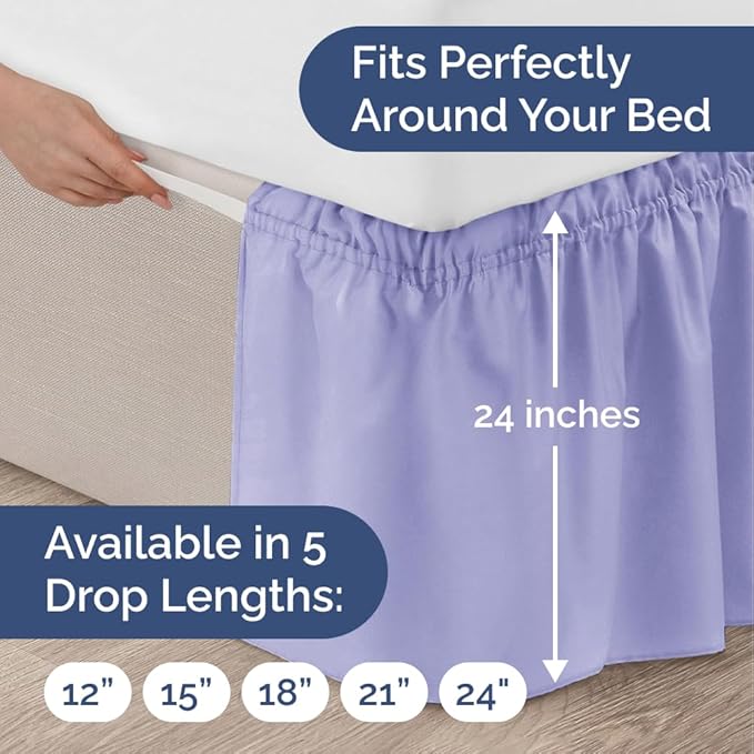 Wrap Around Dust Ruffle Bed Skirt - Lavender - Twin/Twin XL Size Beds with 24 Inch Drop - Easy Fit Elastic Strap - Adjustable Pleated Bedskirt w/Brushed Fabric Wrinkle Free - Women, Men, Kids & Teens