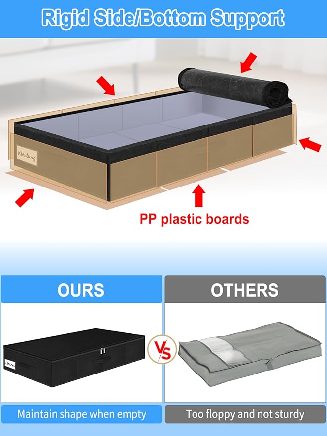 Under Bed Storage Bags with Zipper, 7 Inch Tall Underbed Storage Containers with Rigid Sides & Bottom,30x15x6.7 Inches, Large Clothes Organizer Box for Bedroom, Dorm, Couch, Black
