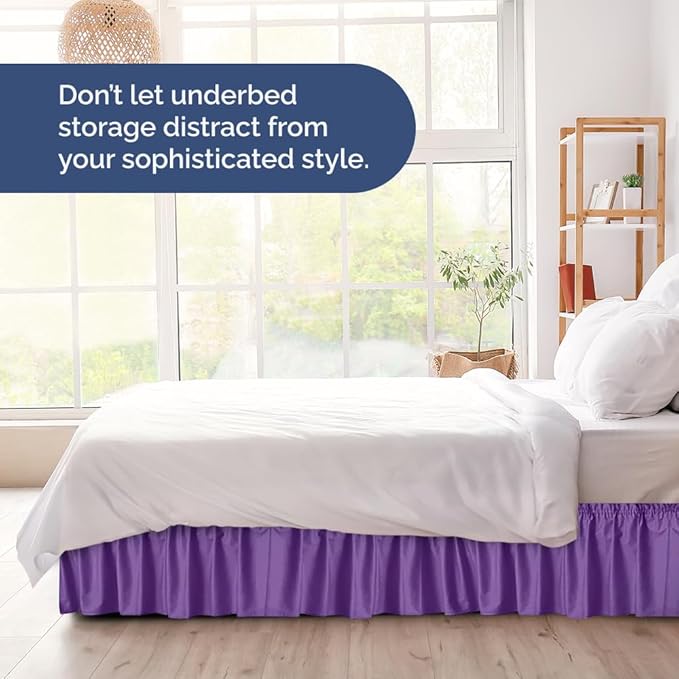 Wrap Around Dust Ruffle Bed Skirt - Purple - for Queen Size Beds with 18 Inch Drop - Easy Fit Elastic Strap - Adjustable Pleated Bedskirt w/Brushed Fabric Wrinkle Free - for Women, Men, Kids & Teens