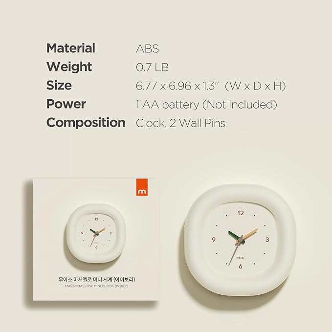 mooas Cute Mini Analog Marshmallow Clock 6.9 Inch Aesthetic Small Silent Bedside Desk Clock Battery Operated Non-Ticking Shelf Clocks for Décor Livingroom Bedroom Kitchen Desktop Gift Clock(Ivory)