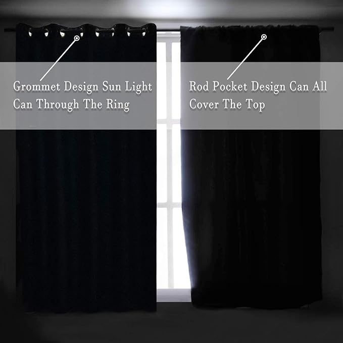 DONREN 99 Percent Blackout Curtains Draperies - Light UV Block Insulated Rod Pocket Window Curtain Panels for Kids Nursery(52 x 96 Inches,Set of 2 Panels,Black)