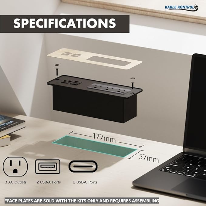 Kable Kontrol Recessed Power Strip Kit with Fast Charging 2 PD65W USB-C Ports, 2 USB-A Ports, 3 Power Desk Outlets, Replaceable Wooden Finish Panel Plate Flush Mount Charging Station Grommet - 20 Pcs