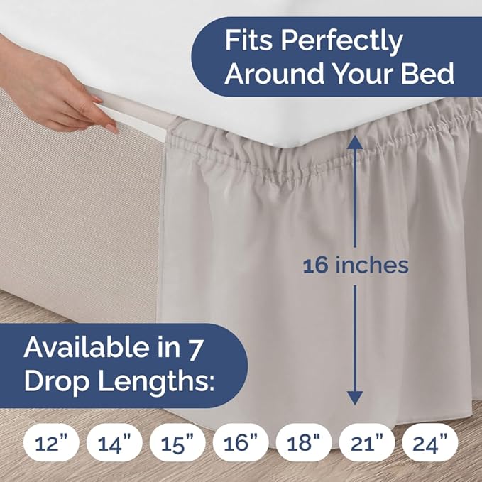 Wrap Around Dust Ruffle Bed Skirt - Light Grey - for Queen Size Beds w/ 16 Inch Drop - Easy Fit Elastic Strap - Adjustable Pleated Bedskirt with Brushed Fabric, Wrinkle Free Women, Men, Kids and Teens