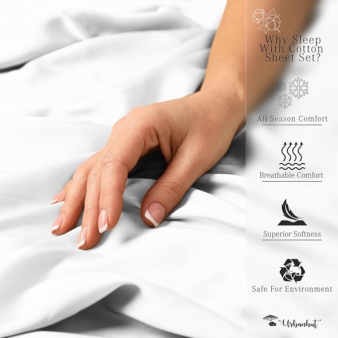 URBANHUT 800 Thread Count 100% Cotton King Size Sheets, Luxury 4 Piece King Bedsheets, Hotel Sheets Sateen Finish - Better Than Egyptian, 16" Elasticized Deep Pocket - White