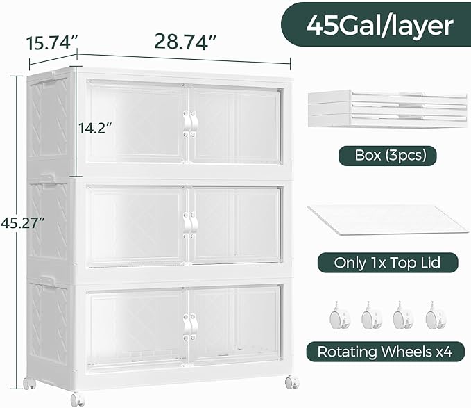 540QT Extra Large Stackable Storage Bins with Lid, 135Gal Collapsible Storage Box with Wheels and Doors, Plastic Closet Organizers and Storage Cabinet for Home Kitchen Office Dorm, 3Pack White