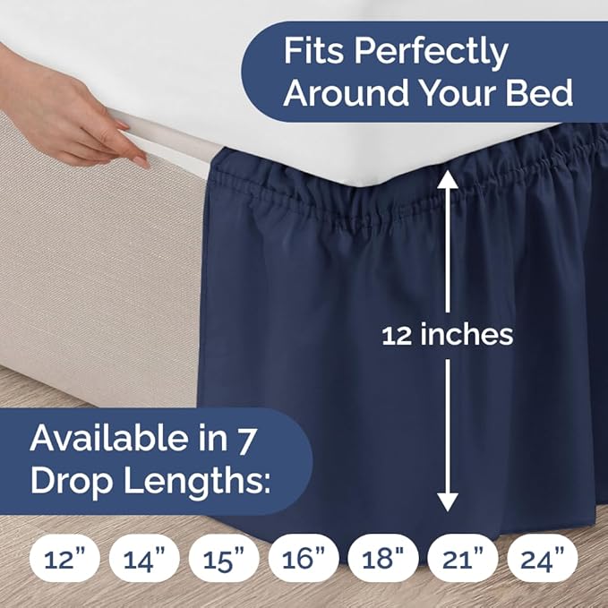 Wrap Around Dust Ruffle Bed Skirt - Navy Blue - for Queen Size Beds with 12 Inch Drop - Elastic Strap - Adjustable Pleated Bedskirt with Brushed Fabric and Wrinkle Free - for Women, Men, Kids & Teens