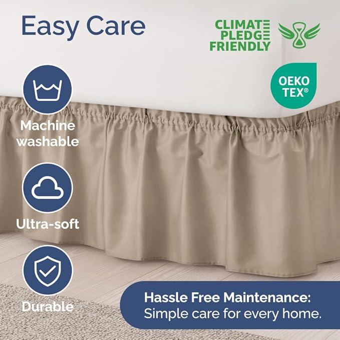 Wrap Around Dust Ruffle Bed Skirt - Cream - for Twin Size Beds w/ 14 Inch Drop - Easy Fit Elastic Strap - Adjustable Pleated Bedskirt w/Brushed Fabric, Wrinkle & Fade Free Women, Men, Kids & Teens