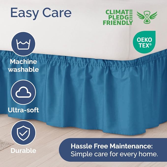 Wrap Around Dust Ruffle Bed Skirt - Denim Blue - for Full Size Beds with 15 Inch Drop - Elastic Strap - Adjustable Pleated Bedskirt with Brushed Fabric and Wrinkle Free - for Women, Men, Kids & Teens