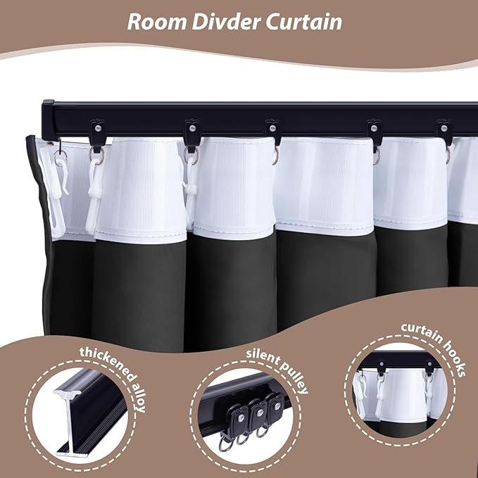 Room Divider Curtains with Ceiling Curtain Track Set Window Curtain for Bedroom,Living Room Total Blackout Thermal Insulated Privacy Ceiling Track Curtain W 6 × H 8 FT Grey drape&Black track