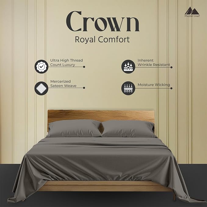 Mayfair Linen 100% Egyptian Cotton Queen Sheets Set - 2000 Series Luxury Sheets Queen Size Bed Set, Soft & Cooling, Sateen Weave 17" Extra Deep Pocket Hotel Collection Sheet (4 Pc, Dark Grey)