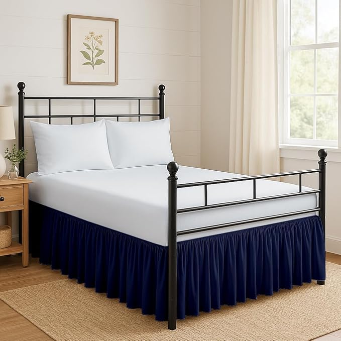 Ruffled Bed Skirt Split Corners with Platform, Tailored Fit Hotel Quality Wrinkle Free Ultra-Soft Microfiber Dust Ruffle, Upto 14 Inch Drop, Twin XL, Navy Blue