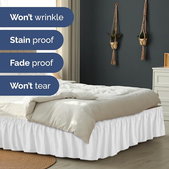 Wrap Around Dust Ruffle Bed Skirt - White - for Full Size Beds w/ 16 Inch Drop - Easy Fit Elastic Strap - Adjustable Pleated Bedskirt w/Brushed Fabric, Wrinkle & Fade Free Women, Men, Kids & Teens