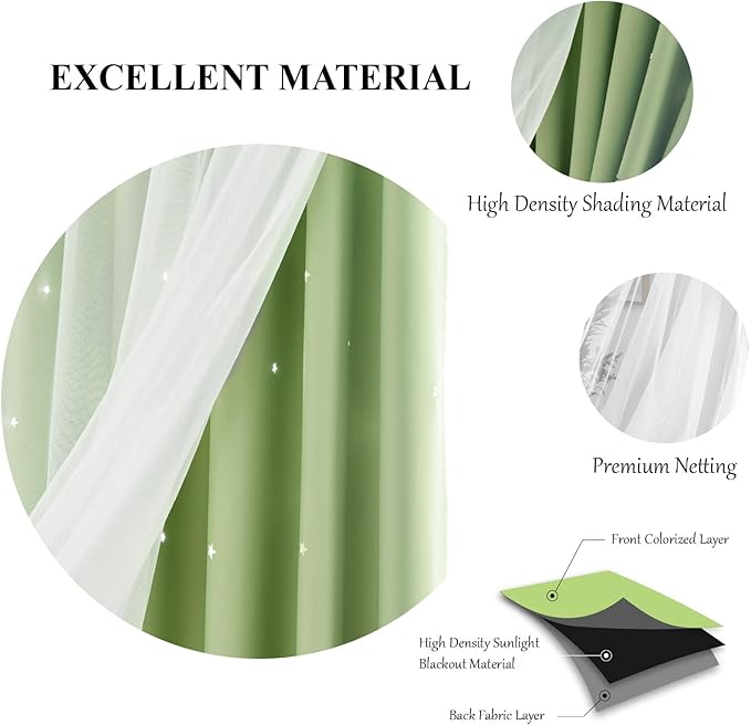Stars Double Layer Blackout Curtains for Bedroom Kids, Cute Green Curtains 84 Inches Long, 2 Panels Set, 52 X 84 Inches