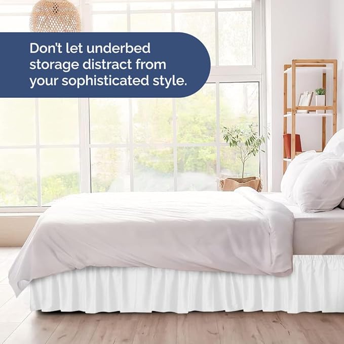Wrap Around Dust Ruffle Bed Skirt - White - for Full Size Beds with 24 Inch Drop - Easy Fit Elastic Strap - Adjustable Pleated Bedskirt w/Brushed Fabric - Wrinkle Free - for Women, Men, Kids & Teens