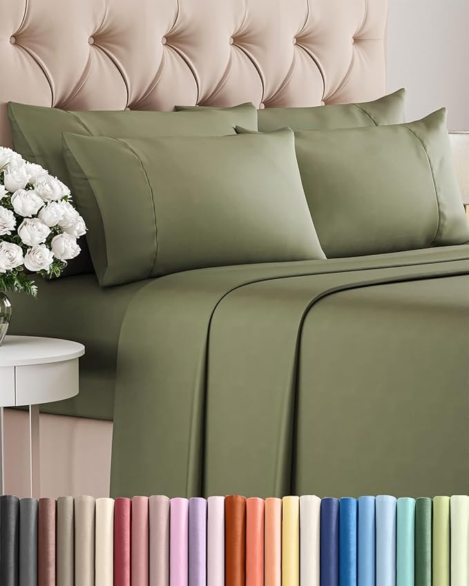 Queen 6 Piece Sheet Set - Cooling, Comfy & Breathable - Hotel Luxury Bedding, Includes Fitted Sheet for Women, Men, Kids & Teens - 1 Flat, 1 Fitted Sheet, 4 Pillowcases with Deep Pockets - Sage Green