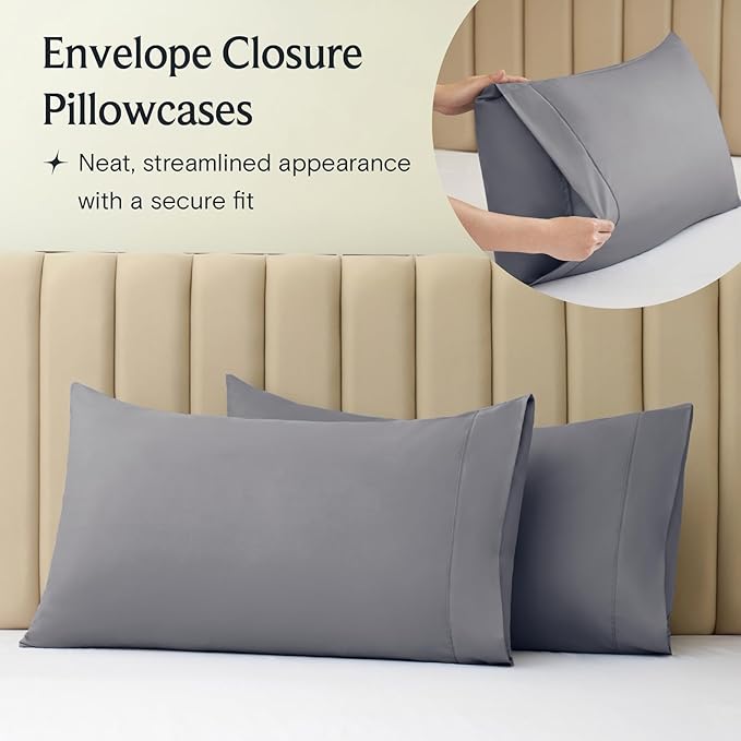 LuxClub 4 PC Queen Sheet Set, Deep Pockets Wrinkle Free Cooling Bed Sheets Hotel Bedding for Women, Men, Includes 1 Fitted Sheet, 1 Flat Sheet and 2 Pillowcases-Soft Light Grey