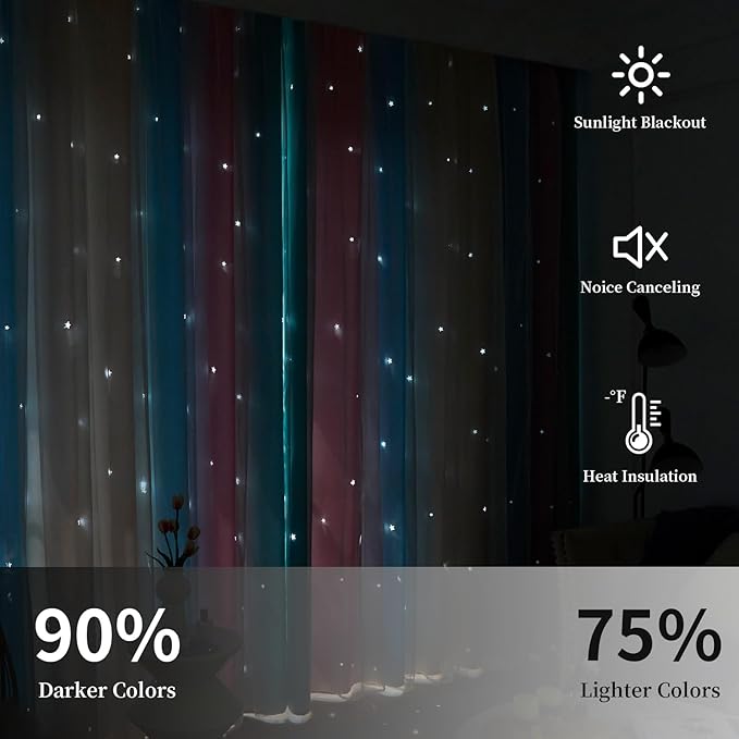 Star Blackout Curtains for Bedroom - Cute Kids Rainbow Curtains, 84 Inch Long 2 Panels, Beige & Blue & Pink
