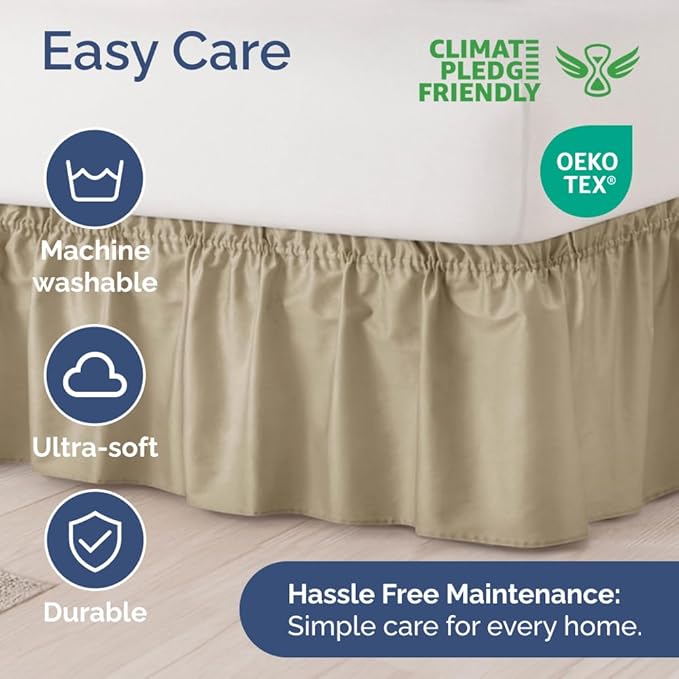 Wrap Around Dust Ruffle Bed Skirt - Beige - for King Size Beds with 21 Inch Drop - Easy Fit Elastic Strap - Adjustable Pleated Bedskirt w/Brushed Fabric - Wrinkle Free - for Women, Men, Kids & Teens