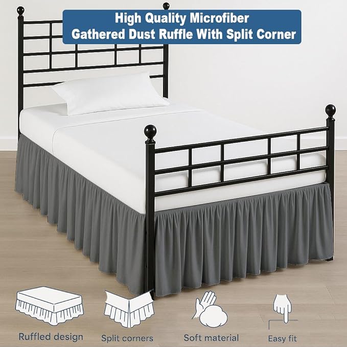 Ruffled Bed Skirt Split Corners with Platform, Tailored Fit Hotel Quality Wrinkle Free Ultra-Soft Microfiber Dust Ruffle, Upto 24 Inch Drop, Twin, Dark Grey