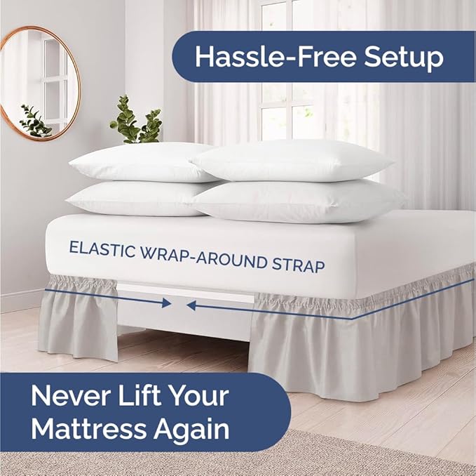 Wrap Around Dust Ruffle Bed Skirt - Light Grey - for Full Size Beds with 21 Inch Drop - Elastic Strap - Adjustable Pleated Bedskirt with Brushed Fabric and Wrinkle Free - for Women, Men, Kids & Teens