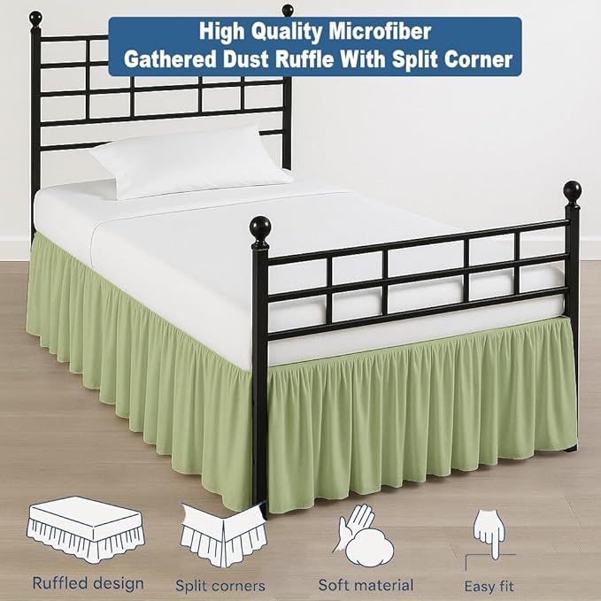 Ruffled Bed Skirt Split Corners with Platform, Tailored Fit Hotel Quality Wrinkle Free Ultra-Soft Microfiber Dust Ruffle, Upto 21 Inch Drop, King, Sage