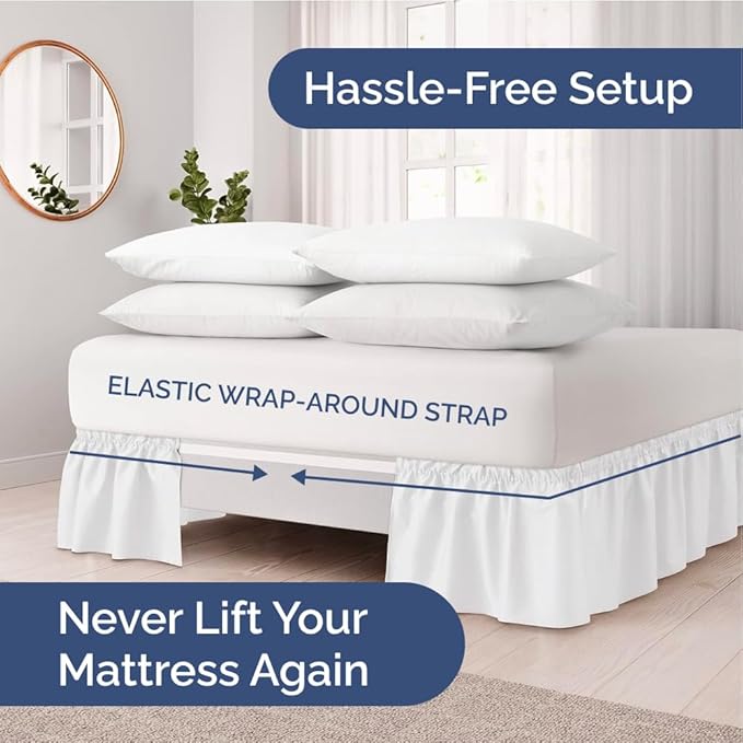 Wrap Around Dust Ruffle Bed Skirt - White - for King Size Beds with 21 Inch Drop - Easy Fit Elastic Strap - Adjustable Pleated Bedskirt w/Brushed Fabric - Wrinkle Free - for Women, Men, Kids & Teens