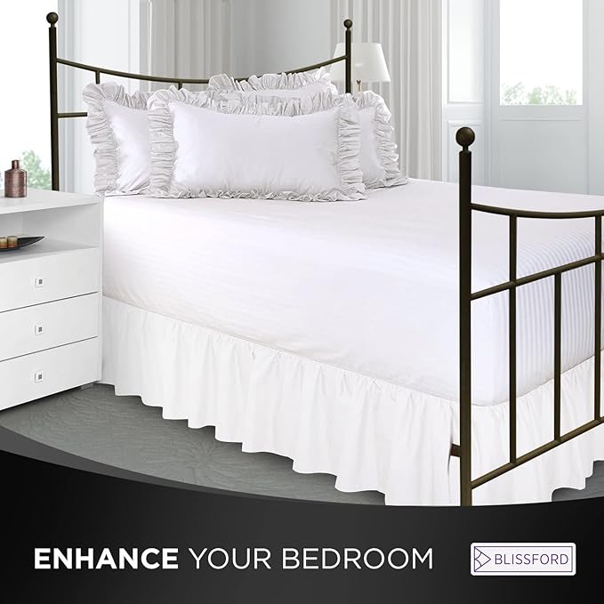 BLISSFORD White Bed Skirt Queen Size 21 inch Drop - with Split Corners - Cotton Blend Ruffled Bed Skirt, Dust Ruffle with Platform, White Queen Size Bedskirt, Machine Washable